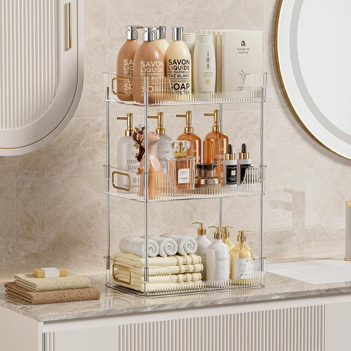 U-HOOME Bathroom Organizer Countertop, Clear Makeup Desk Organzier for Dressing Table, Bathroom Vanity Countertop, 2-Tier Vanity Tray Shelf for Cosmetic, Lotions, Perfume and Toiletries (Clear)