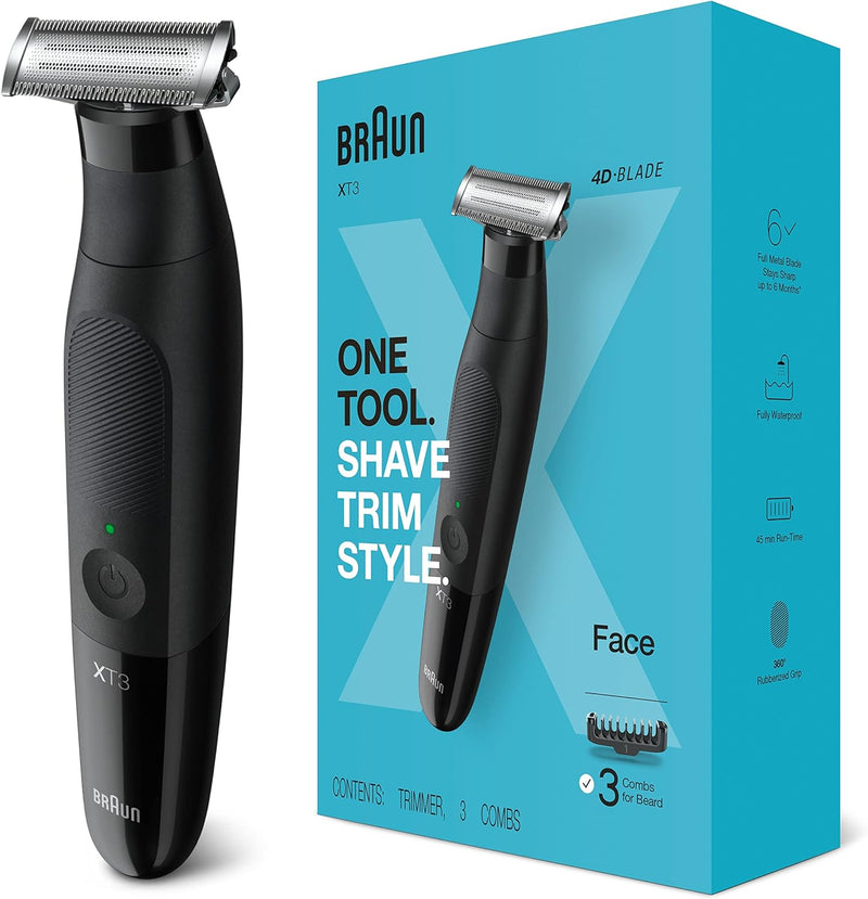 Braun Series X All-in-One Showerproof Beard Trimmer, Shaver, and Body Groomer for Men, with 5 combs for Face & Body, Gifts for Men, XT5100, black/silver - XT 3100 + Battery toothbrush
