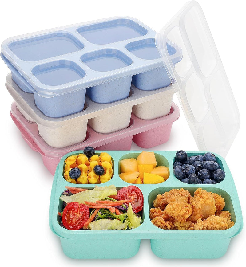 4 Pcs Wheat Straw PP 5-Compartment Bento Lunch Box, Reusable Snack Box Container for Adults and Kids, Food Storage Box for School, Work, Travel, Meal Prep Containers