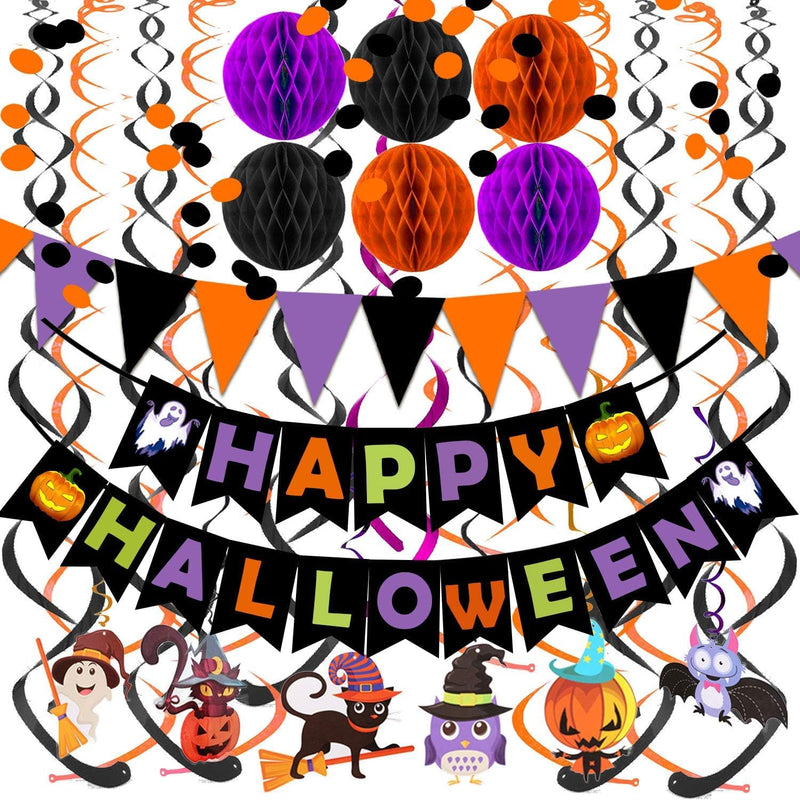 Happy Halloween Banner Party Decorations, Triangle Flag Bunting, Hanging Garland, Honeycomb Ball, Swirl Streamers & Confetti Dots for Halloween Party Decorations