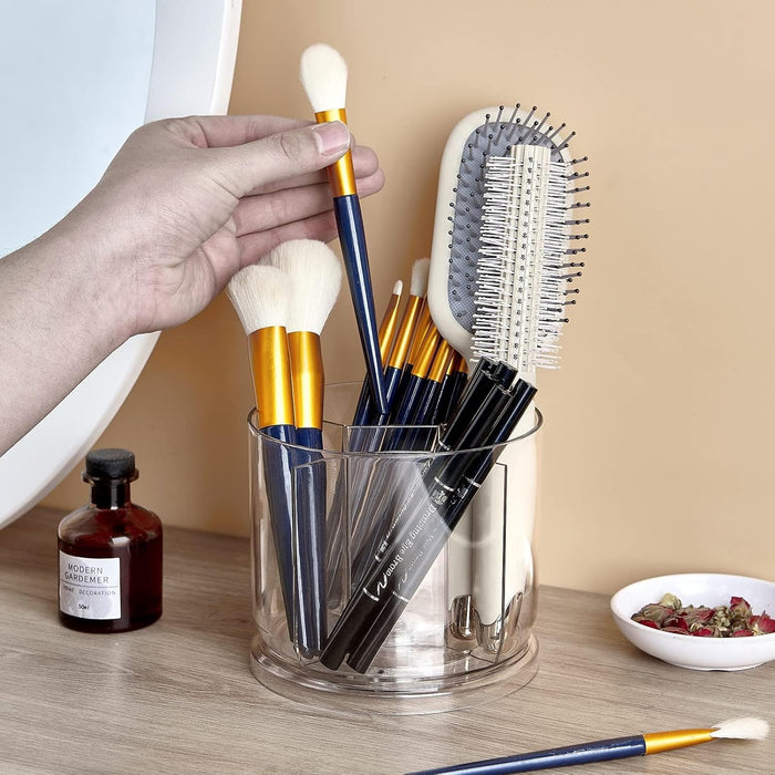 KASTWAVE Makeup Brush Holder Organizer, 360 Rotating Makeup Brush Holder Organizer, Dustproof Cosmetic Brush Storage Organizer, Round Make up Brush Stand with 5 Slots, for Cosmestics (Clear)