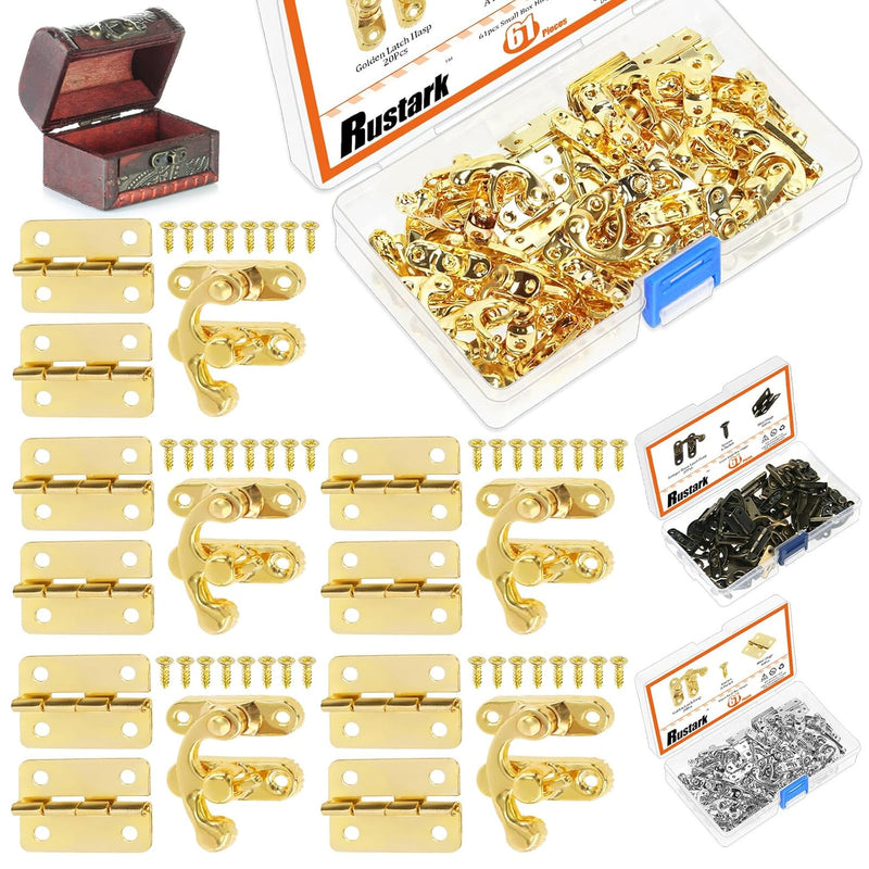 Rustark 20 Sets Gold Antique Small Box Hinges Right Latch Hook Hasp Horn Lock Jewelry Box Hardware Antique Brass Latch Hook Clasp Mini Hinges for DIY Crafts Jewelry Wooden Box