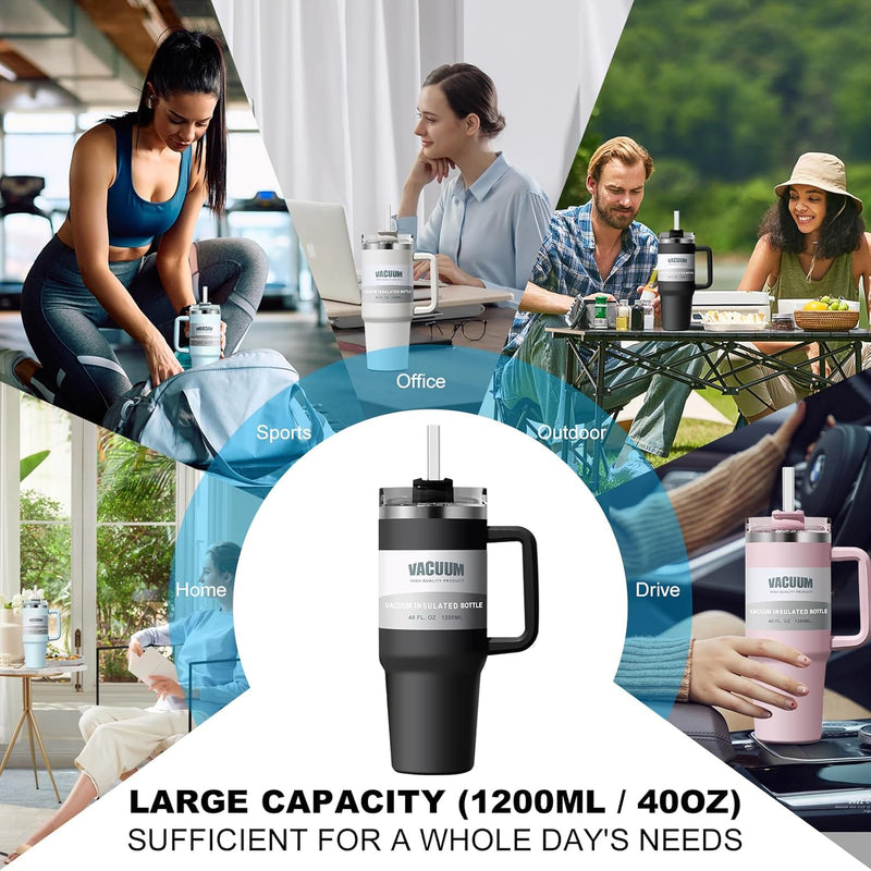 YHKEMA 40oz Stainless Steel Tumbler with Handle & Straw - Double Walled Insulated Travel Mug, Tritan Lid Coffee Cup for Hot/Iced Drinks, Office Gym Water Bottle (1200ml) (Light Blue)