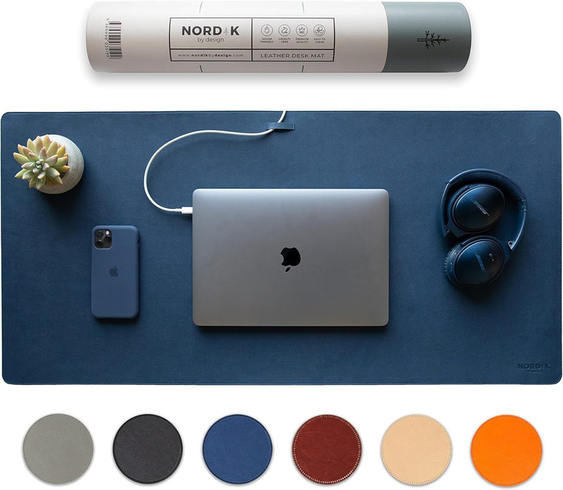 Nordik Leather Desk Mat Cable Organizer (Alaskan Gray 35 X 17 inch) Premium Extended Mouse Mat for Home Office Accessories - Non-Slip Vegan Leather Desk Pad Protector & Desk Blotter Pad - Midnight Blue