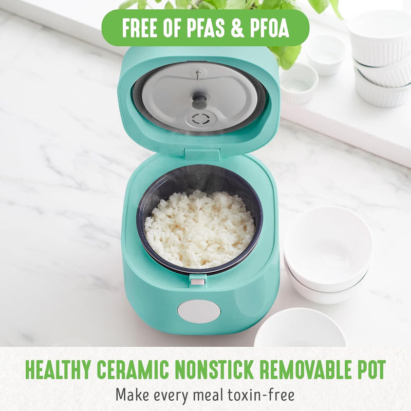 GreenLife Healthy Ceramic Nonstick 4-Cup Rice Oats and Grains Cooker, PFAS-Free, Dishwasher Safe Parts, Black