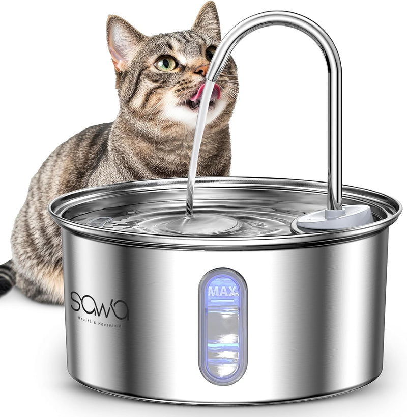 SAWA Cat Water Fountain, 3.2L/108oz Cats Fountains for Drinking, Pet Water Fountain for Cats Indoor, Automatic cat water Dispenser with 2 Flow Modes, kitty Spout Fountains for Cats Dogs - Wired Fountains Stainless Steel Round