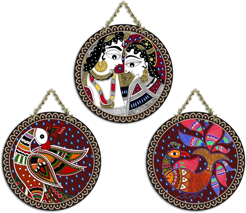 Artvibes Rajasthani Culture Wooden Wall Hanger for Home | Office | Living Room | Gift | Modern Decoration Items | Kitchen Wall Decor | Home Decor Hanging Items (WH_5012N), Set of 3