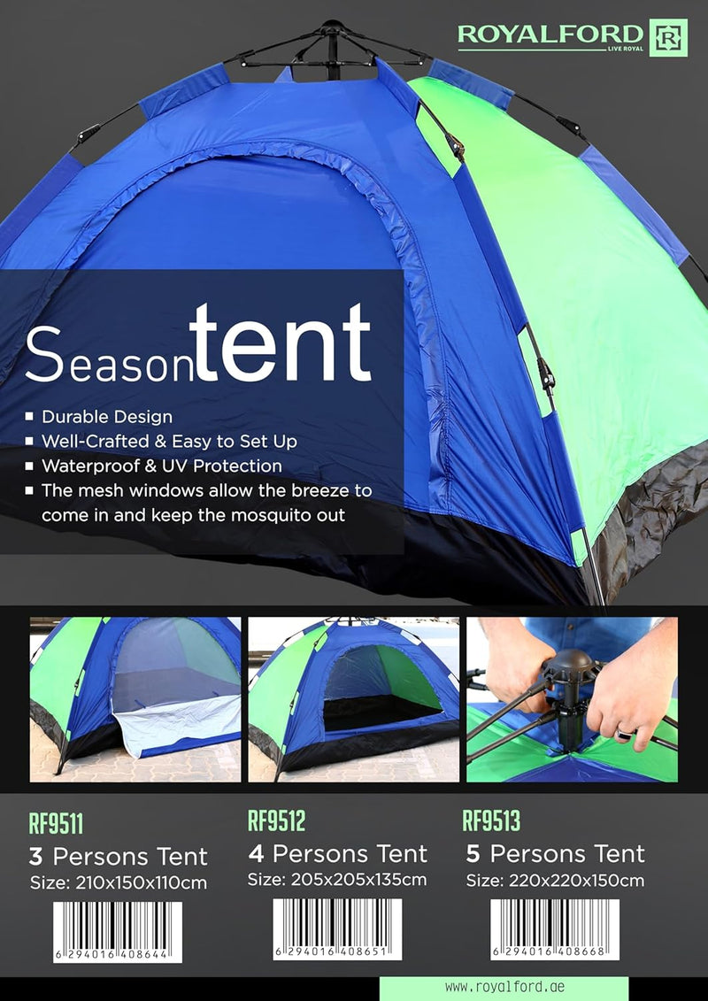 Royalford Camping Tents 4 Persons RF9512 Medium UV Protection Waterproof Camping Tent Ventilated Mesh Window Perfect for camping, hiking, backpacking Folding