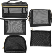 4 Pieces Mesh Cosmetic Bags, Portable Travel Mesh Makeup Bag, Heart Print Zipper Pouch Toiletry Bag for Women Girls (Pink) - black-set of 5