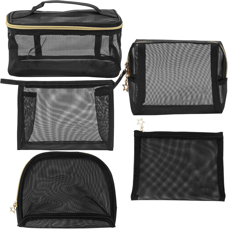4 Pieces Mesh Cosmetic Bags, Portable Travel Mesh Makeup Bag, Heart Print Zipper Pouch Toiletry Bag for Women Girls (Pink) - black-set of 5