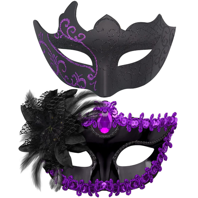 Couple Masquerade Masks Set Venetian Party Mask Mardi Gras Mask - Black & Purple