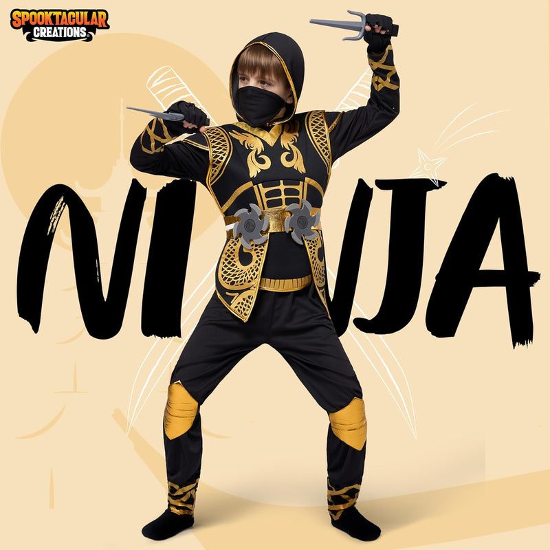 Spooktacular Creations Golden Ninja Costume Set, Ninja Jumpsuit with Foam Accessories for Kids, Halloween Cosplay Party