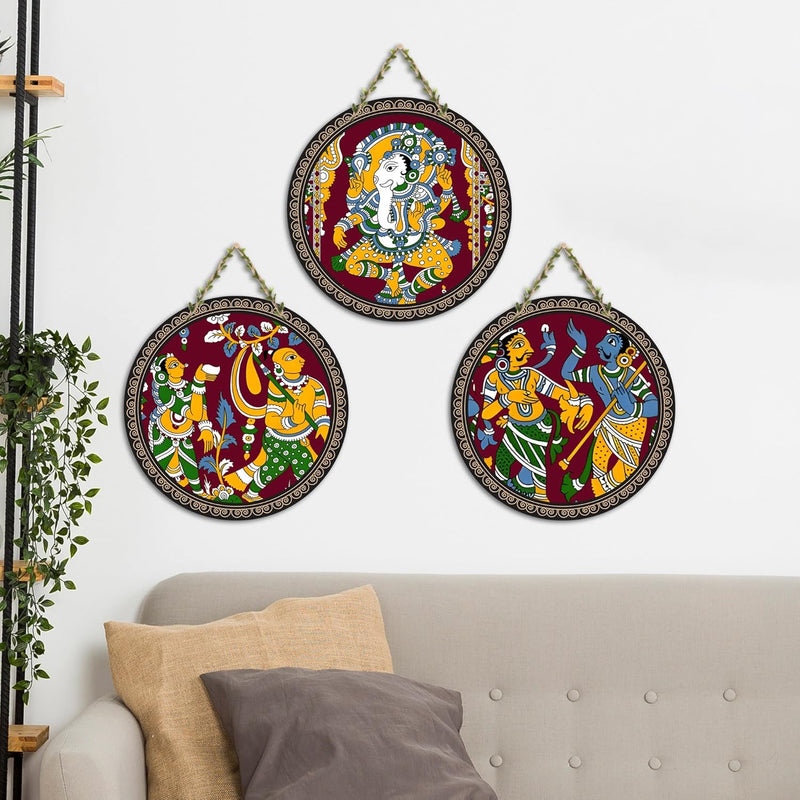Artvibes Rajasthani Culture Wooden Wall Hanger for Home | Office | Living Room | Gift | Modern Decoration Items | Kitchen Wall Decor | Home Decor Hanging Items (WH_5012N), Set of 3