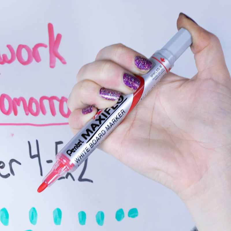 Pentel Maxiflo Whiteboard Marker, Fine bullet point, Red ink, (Pack of 12)