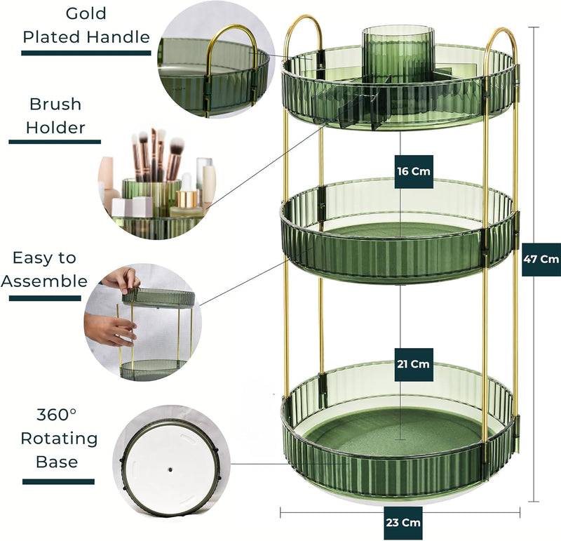 Sortify Rotating Makeup Organizer with Makeup Brush Holder, Save 80% of Vanity Space with Luxury Cosmetic Organizer 3 Tier, 360° Spinning Lazy Susan Skincare Organizer Stand, Gold 47x23x23cm