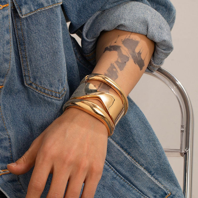 Spring Chunky Gold Bangle Bracelets, Trendy Wide Wrist Cuff Bracelet, Stackable Statement Bangles, Wedding Party Travel, Fashion Jewelry Set for Women and Girls