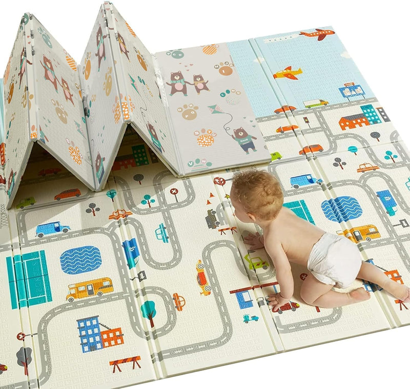 Baby Play Mat Foldable - 71x59 Baby Play Mat, Reversible Bear Playmat, Non-Slip & Wipeable Baby Crawling Mat, Playpen Mat for Indoor & Outdoor, 71x59 Playpen Mat for Floor Play,Extra Thick & Non-Toxic