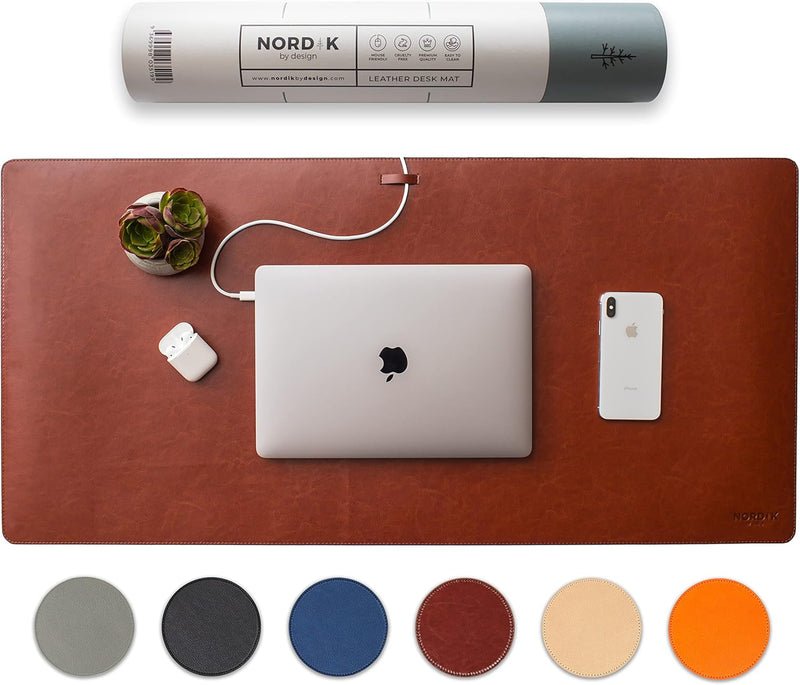Nordik Leather Desk Mat Cable Organizer (Alaskan Gray 35 X 17 inch) Premium Extended Mouse Mat for Home Office Accessories - Non-Slip Vegan Leather Desk Pad Protector & Desk Blotter Pad - Whiskey Brown