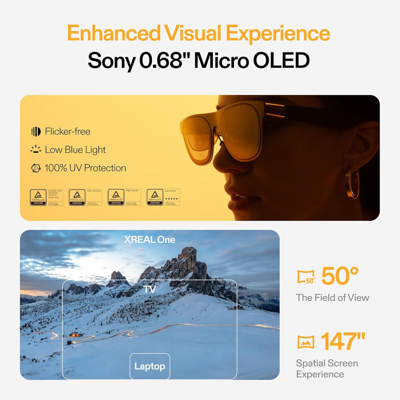 XREAL One AR Glasses with X1 Chip, Native 3 DoF, 147" 50FOV 120Hz HD Display, Renowned Audio, 3 Adjustable Lens Transparency, Compatible with iPhone 16/15, Steam Deck, ROG, Mac, PC, Android & iOS
