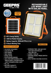 Fitto Rechargeable LED Work Light with Solar Panel, Portable Outdoor Floodlight with USB Charging & Waterproof Design, Adjustable Brightness for Camping, Emergency, Garage, and Job Site Lighting