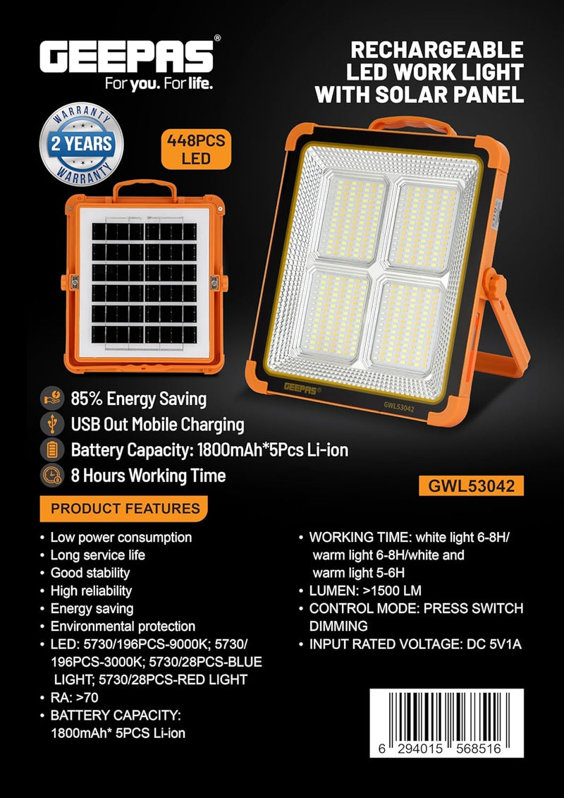 Fitto Rechargeable LED Work Light with Solar Panel, Portable Outdoor Floodlight with USB Charging & Waterproof Design, Adjustable Brightness for Camping, Emergency, Garage, and Job Site Lighting