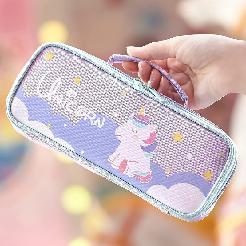 Pencil Case for Girls, Cute Unicorn Pencil Pouch, Large Capacity Washable Canvas Pen Bag, Multifunctional Compartments with Handle for Girls Kids Teens