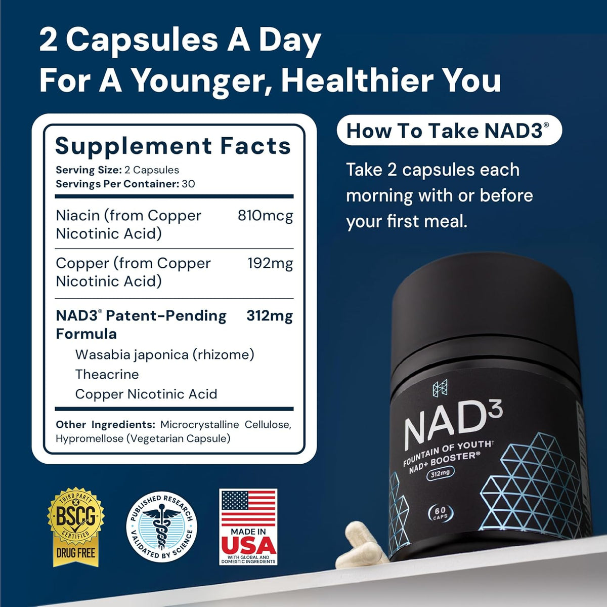 HPN NAD+ Booster (NAD3) Anti Aging Cell Booster True NAD Supplement Cell Regenerator 60 Veggie Capsules – image 2
