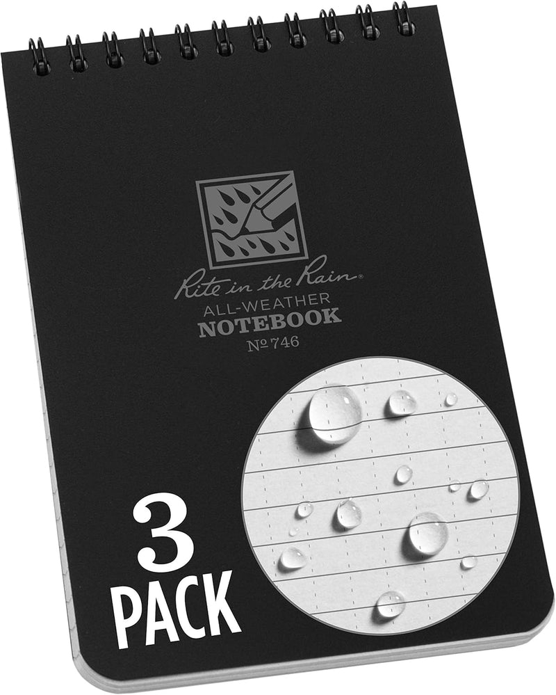 Rite In The Rain Weatherproof Top Spiral Notebook, 10.2 cm x 15.2 cm, Green Cover, Universal Pattern, 3 Pack (No. 946-3) - 3 Pack Black