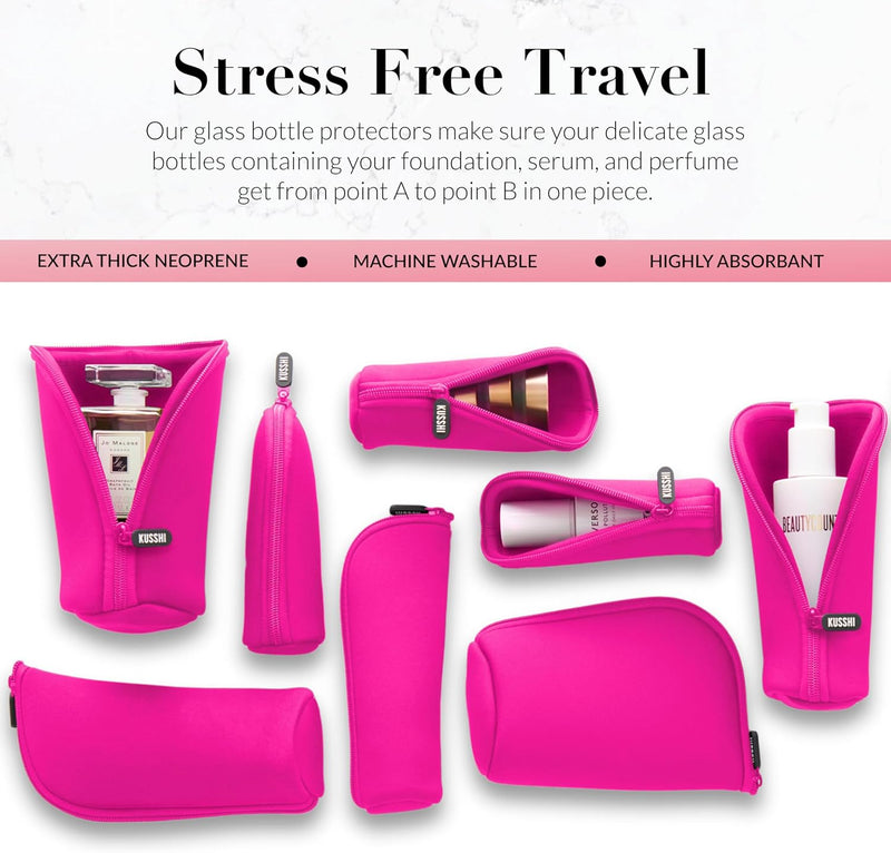 KUSSHI Glass Bottle Protector for Travel - Neoprene Small Pouches for Purse with Zipper - Holds Foundations, Serums, Perfumes & Delicate Bottles - Small Purse Pouch & Mini Makeup Pouch (Size S, Pink)