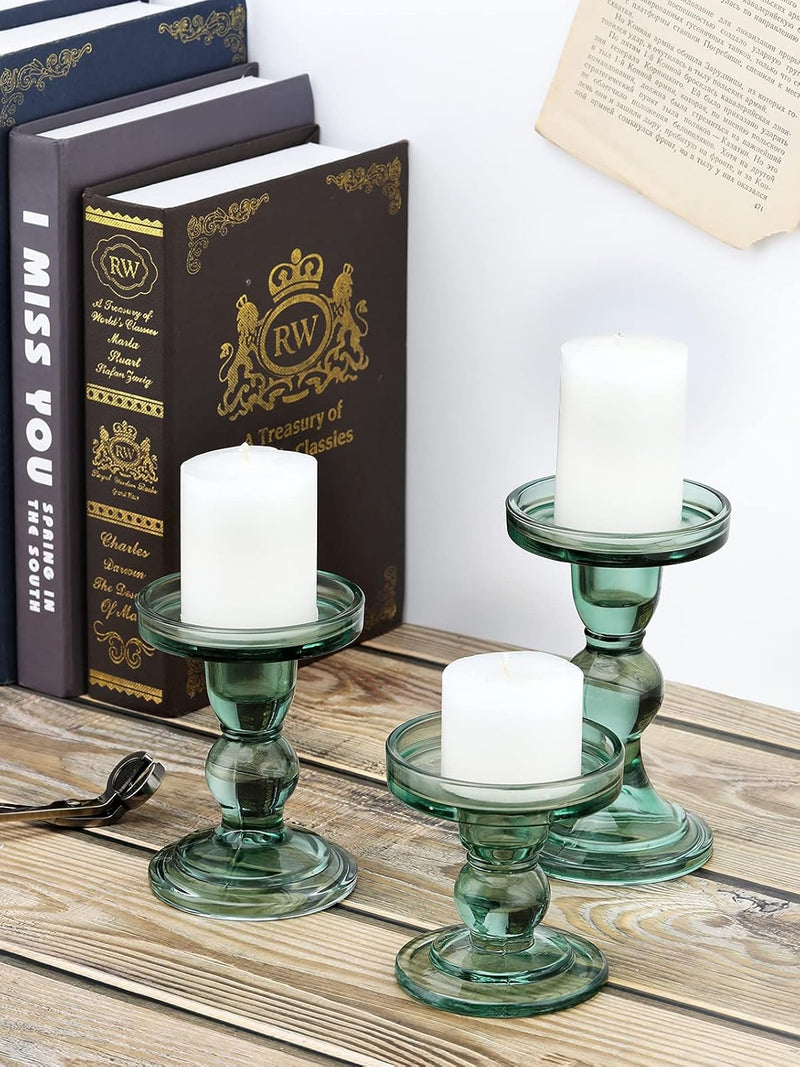 Lewondr Glass Candle Holders, 3 Pieces Crystal Clear Candlesticks with Elegant Design for Pillar Taper Candle and Tea Light, Home Table Living Room Wedding Party Decorations Home Décor - Clear
