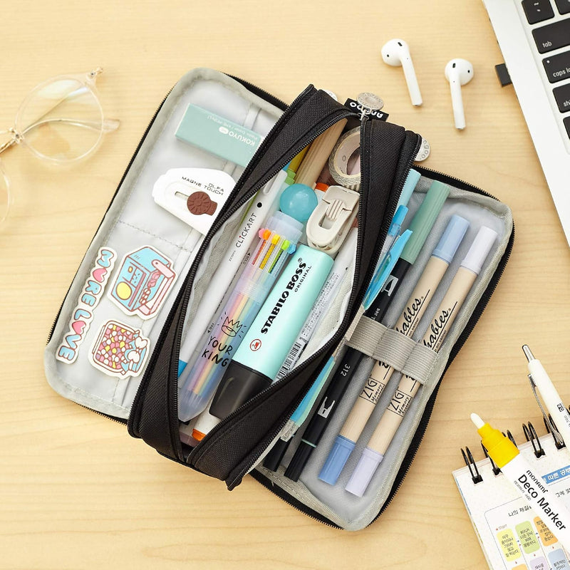 Large Capacity Pencil Case 3 Compartment Pouch, Pen Bag for School Teen Girl Boy Men Women (Black)
