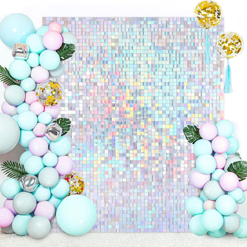 LuoluoHouse Shimmer Wall Panel Sequin Backdrop Panels 12 Packs-Iridescent Silver Backdrop for Graduation Anniversary Backdrop Wall Backdrops Engagement Decoration