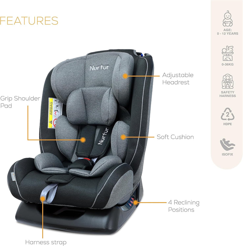 Nurtur Otto Baby/Kids 4-in-1 Car Seat - 4 Position Recline - 5-Point Safety Harness 10 Level Adjustable Headrest, 0 months to 12 years (Group 0+/1/2/3), Upto 36kg Black/Grey