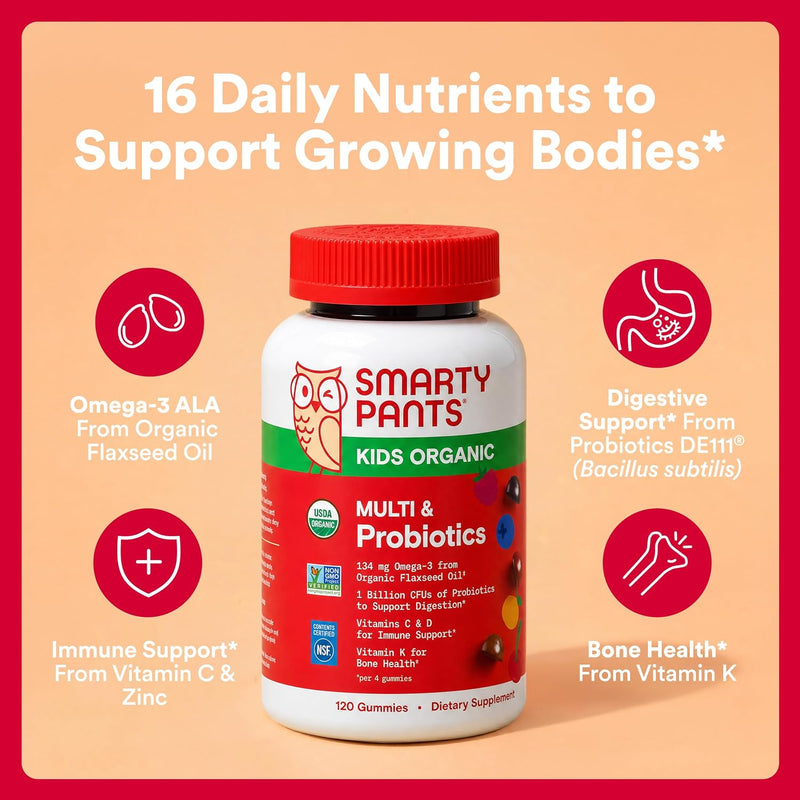 Organic Kids Multivitamin, Daily Gummy Vitamins: Probiotics, Vitamin C, D3, Zinc, & B12 for Immune Support, Energy & Digestive Health, Assorted Fruit Flavor, 120 Gummies, 30 Day Supply - Organic + Probiotics