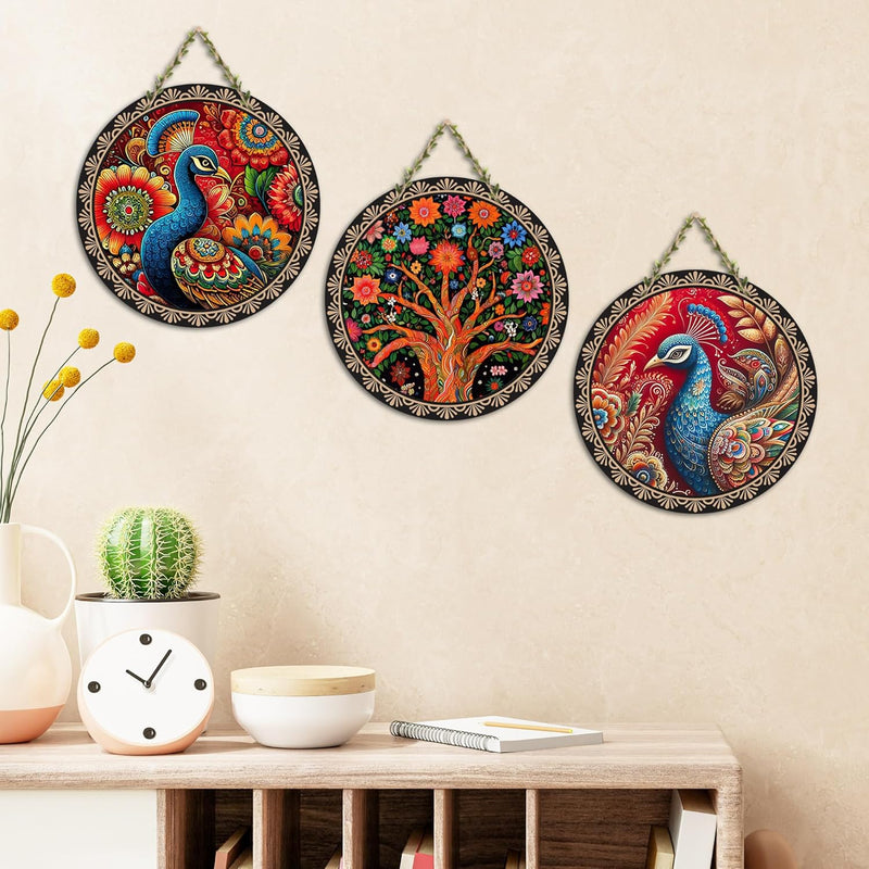 Artvibes Rajasthani Culture Wooden Wall Hanger for Home | Office | Living Room | Gift | Modern Decoration Items | Kitchen Wall Decor | Home Decor Hanging Items (WH_5012N), Set of 3
