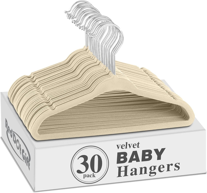 Red Dot Gift® Baby Velvet Hangers 11Inch/28cm - Nursery Clothes Hangers Non Slip Toddler Hangers, 360 Chrome Swivel Hook (White, 30)
