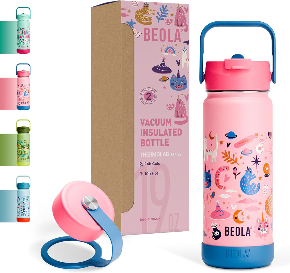 550ml Kids Water Bottle 18/8 Stainless Steel Double Wall Insulated thermo Bottle with Straw Lid and Wide Mouth, Hot Cold Liquids Sports School Bottle (19oz, Dino Dreams)