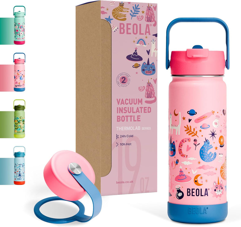 550ml Kids Water Bottle 18/8 Stainless Steel Double Wall Insulated thermo Bottle with Straw Lid and Wide Mouth, Hot Cold Liquids Sports School Bottle (19oz, Neon Flash) - 550ML Unicat Magic