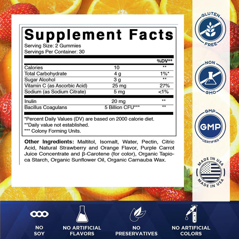 Probiotic + Prebiotic Gummies, 5 Billion CFU Digestive Support, Sugar Free Gut Health Supplement for Adults, Bacillus Coagulans with Inulin Fiber, 60 Gummies