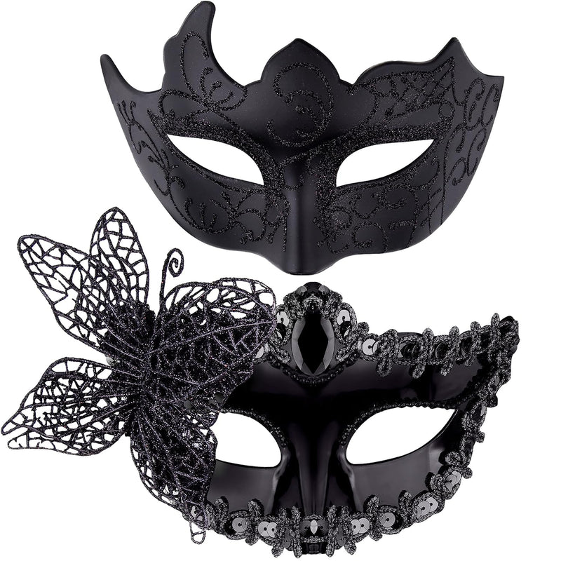Couple Masquerade Masks Set Venetian Party Mask Mardi Gras Mask - Plating Black