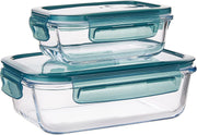 Royalford 2 Pcs Glass Airtight Food Storage Container RF9984 with Lid 1040ml & 370ml, Rectangle, Freezer & Dishwasher Safe