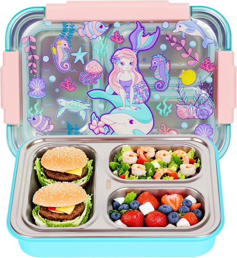 Stainless Steel Bento Lunch Box for Kids, 710ml/23.5oz BPA-Free Leak-Proof Children Food Containers with 3 Compartments, Back to School Students Daycare Lunches Snack Container Size for Age 4-8 - Mermaid