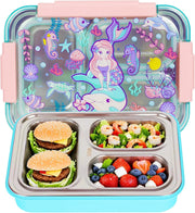 Stainless Steel Bento Lunch Box for Kids, 710ml/23.5oz BPA-Free Leak-Proof Food Containers with 3 Compartments, Back to School Students Daycare Lunches Snack Container Size for Ages 4-8 - Mermaid