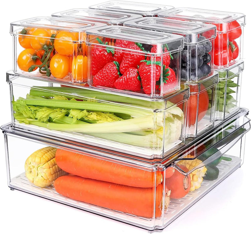 Yoawllty 10 Pack Fridge Organizers and Storage, Stackable Refrigerator Pantry Organizer Bins with Lids, Clear Plastic Food Storage Bins for Kitchen, Fridge Organizer