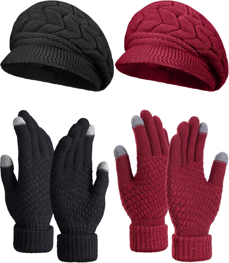 4 Pieces Women Winter Hat and Glove Set, Warm Knitted Beanie Hat Glove Snow Ski Skull Cap with Visor and Touchscreen Glove