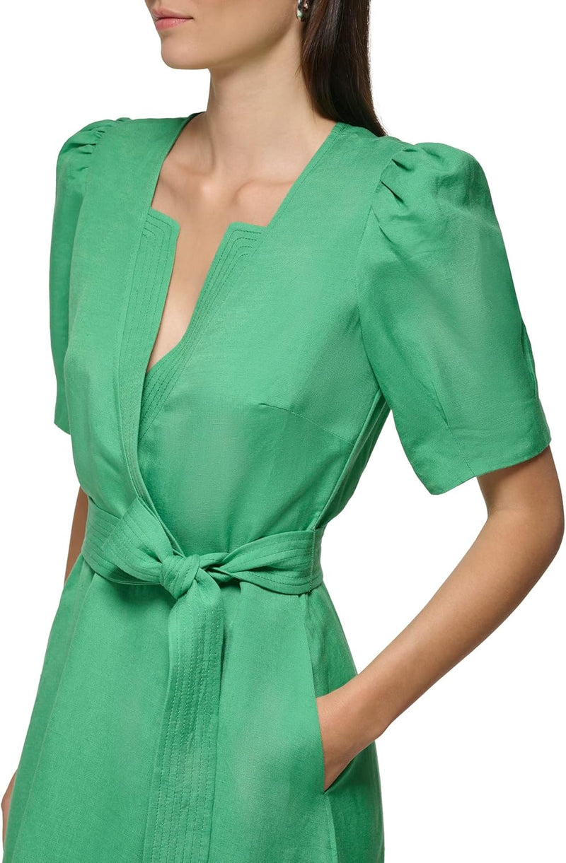 Women's Puff Sleeve Tie Midi Dress - Green