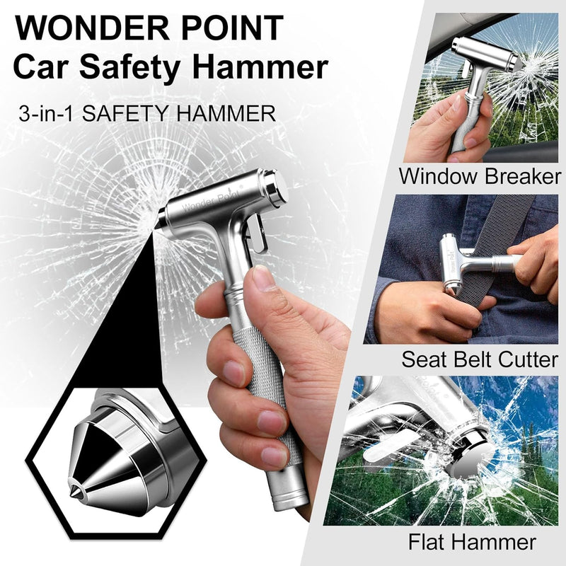 WONDER POINT Premium Car Glass Breaker with Seat Belt Cutter - Automotive Safety Hammer - Emergecy Escape Tool, Car Autoaccessory Metal Window Hammer, Vehicle Hard Aluminium Alloy Head Design