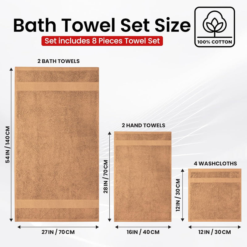 Infinitee Xclusives Premium Bath Towels Set - [Pack of 8] 100% Cotton Highly Absorbent 2 Bath Towels, 2 Hand Towels and 4 Washcloths - Hotel & Spa Quality Bath Towels for Bathroom (Shadow Grey)