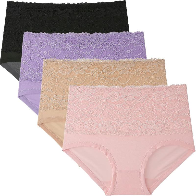 Dress Cici High Waisted Cotton Underwear, Lace Cotton Underwear for Women, 4-Pack (4 Pieces)