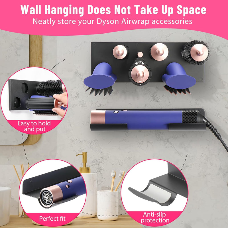 Storage Holder for Dyson Airwrap Curling Iron New Complete, Metal Wall Mount for Dyson Air Wrap Accessories Organizer with Non-Slip Silicone Pad for Bathroom Bedroom Hair Salon Barbershop